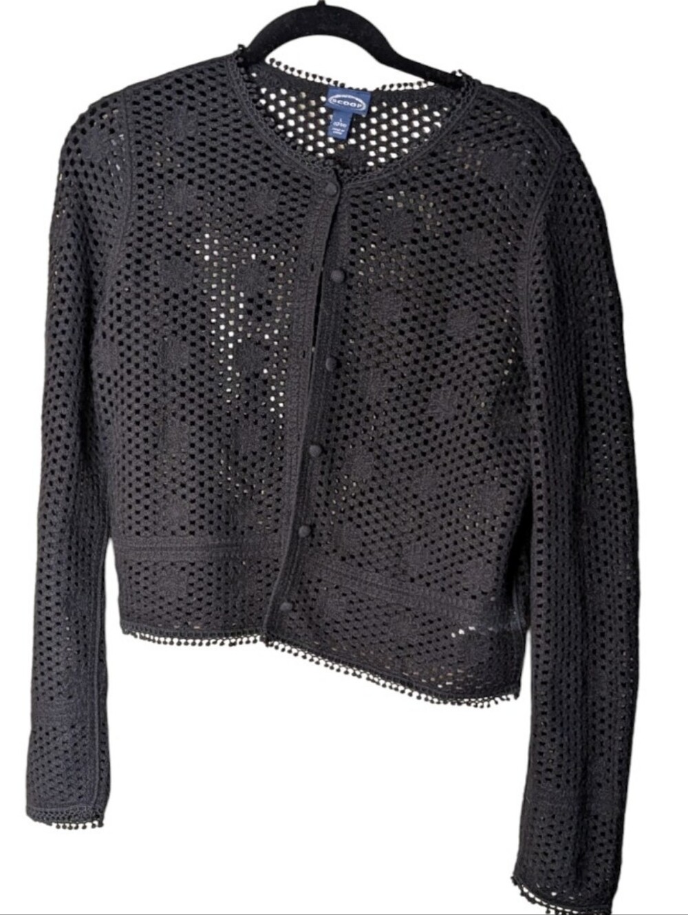 Scoop Black Crochet Flower Open Knit Cardigan Jacket Size L style 110035379L